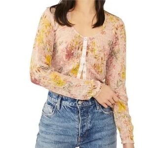 Free People Angelina Cropped Blouse Shirt Women's XS Floral Pleated Scoop Neck